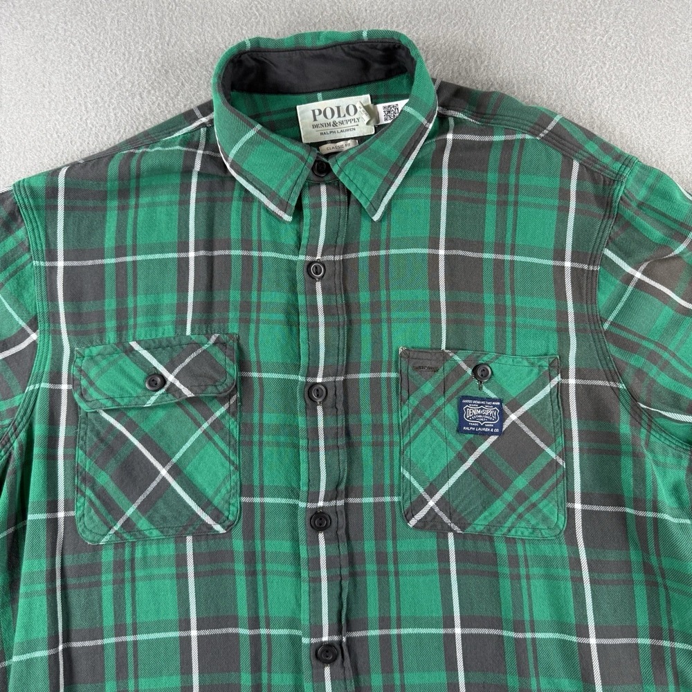 Polo Denim & Supply Ralph Lauren Mens L Green Plaid Flannel Shirt Classic Fit